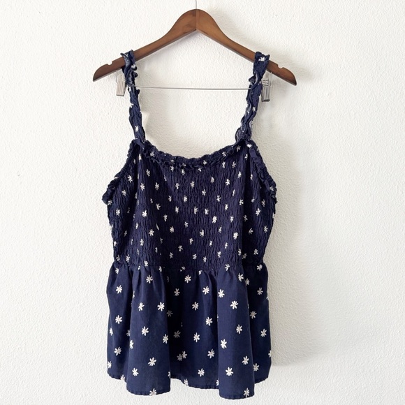 Cottagecore Ava Viv Navy White Daisy Floral Smocked Peplum Tank Top 1X Boho Chic - Picture 2 of 13
